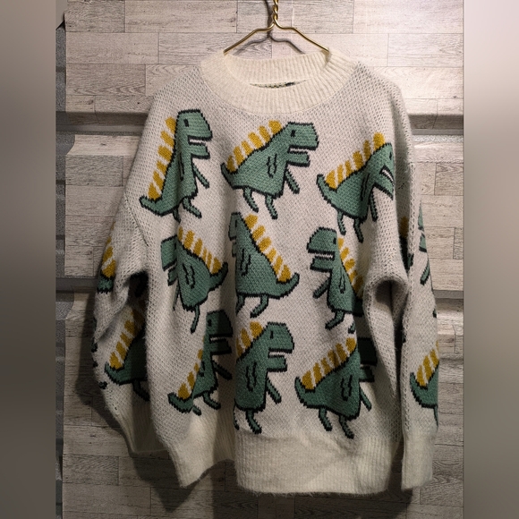 Playful Dinosaur Crewneck Sweater - Cream and Green - Picture 2 of 6